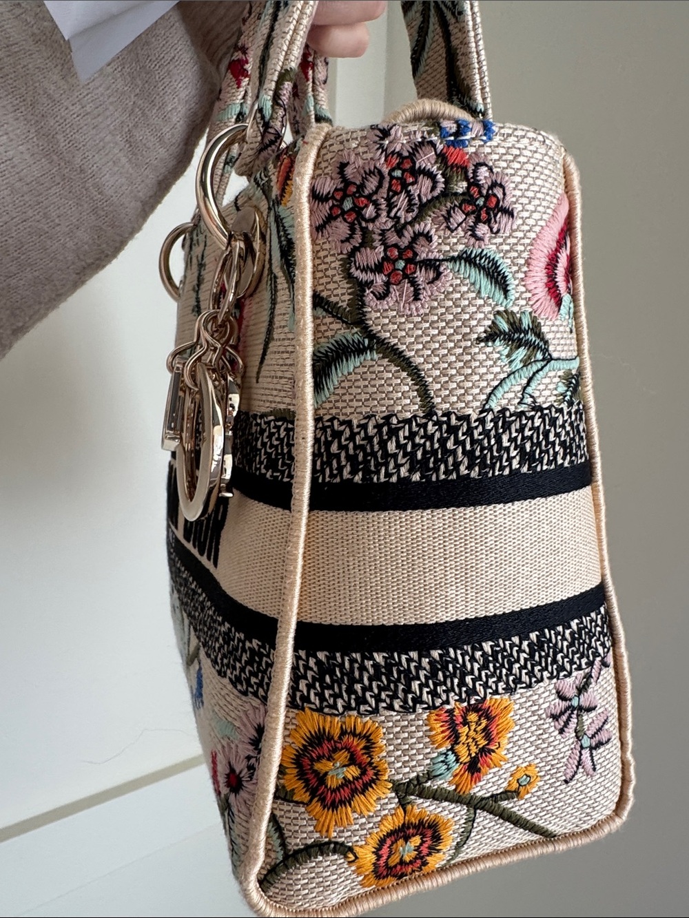 Dior Beige Floral Embroidered Mini Lady Tote with Multicolor Flowers - Picture 6 of 16